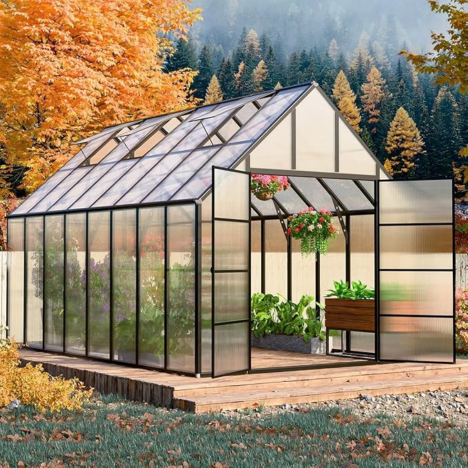 10x16 FT Greenhouse for Outdoor, Large Easy Assembly Heavy Duty Polycarbonate Panels Aluminum Frame Walk-in Green House with 3 Windows Wider Door for Garden Plants