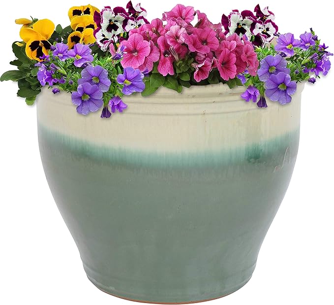 Sunnydaze Large Ceramic Plant Pot - Round Outdoor Glazed Ceramic Planter Pot with Drainage - Studio - Gray - 18.5"
