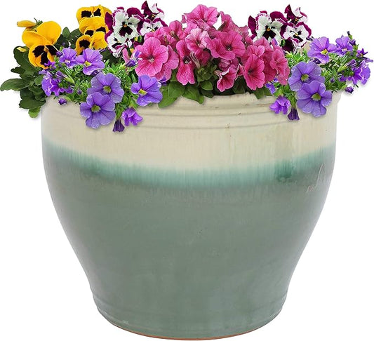 Sunnydaze Large Ceramic Plant Pot - Round Outdoor Glazed Ceramic Planter Pot with Drainage - Studio - Gray - 18.5"