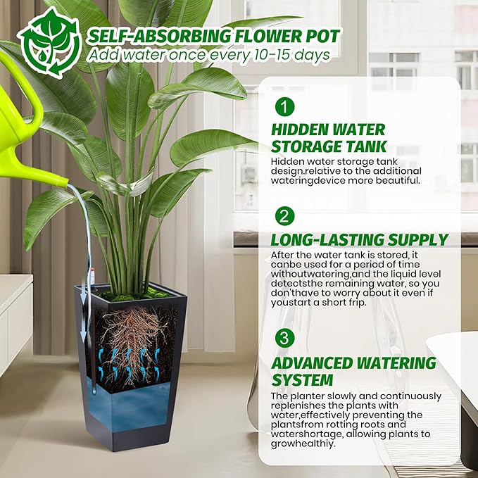 GarveeLife 16 in Tall Planters Set of 2, Outdoor＆Indoor Black Planter Pots, High Front Porch Planter Pots with Drainage Holes＆Water Level Monitor＆Inner Bucket, Automatic Watering,Black
