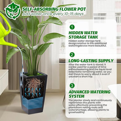 GarveeLife 16 in Tall Planters Set of 2, Outdoor＆Indoor Black Planter Pots, High Front Porch Planter Pots with Drainage Holes＆Water Level Monitor＆Inner Bucket, Automatic Watering,Black