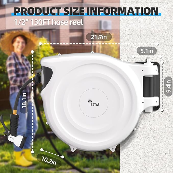 Retractable Garden Hose Reel 1/2"x130 ft, Automatic Hose Reel with 7 Pattern Nozzle,Any Length Lock Wall Mounted &180 Deg Swivel