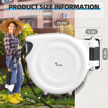 Retractable Garden Hose Reel 1/2"x130 ft, Automatic Hose Reel with 7 Pattern Nozzle,Any Length Lock Wall Mounted &180 Deg Swivel