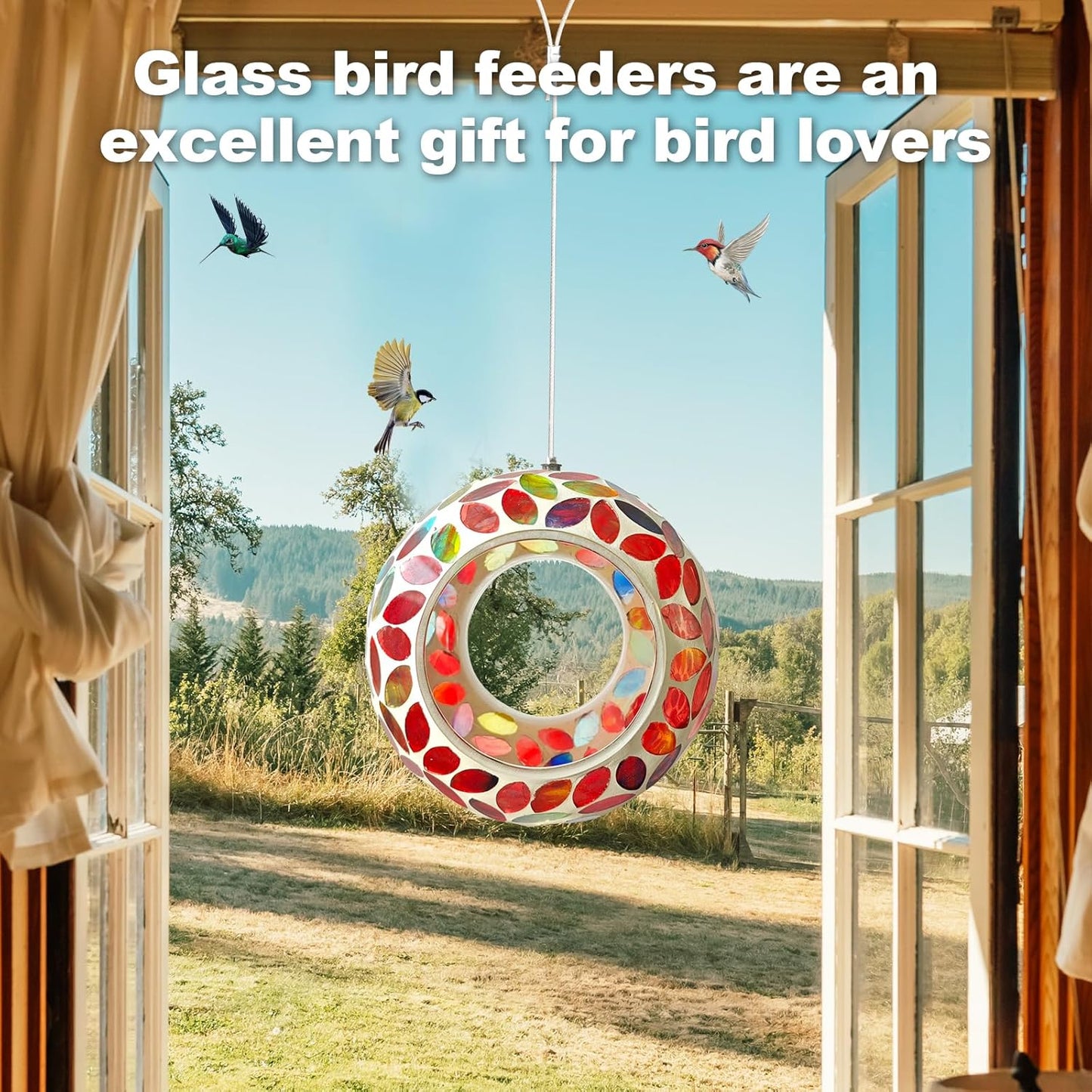 Mosaic Bird Feeder, Outside Hanging with Round Shape Glass BirdFeeders to Attract More Wild Birds, Mosaic Fly Through for Garden, Yard, Backyard, Deck and Porch Decor, Red 7-Inch