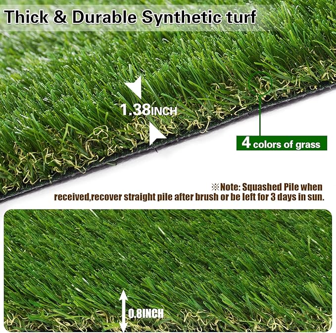 Natural Artificial Grass Turf 8 FT x 54 FT, Heyroll Customized Sizes Thick Faux Grass, 1.38" Indoor Outdoor Garden Rug Landscape Carpet Lawn Synthetic Fake Grass Mat