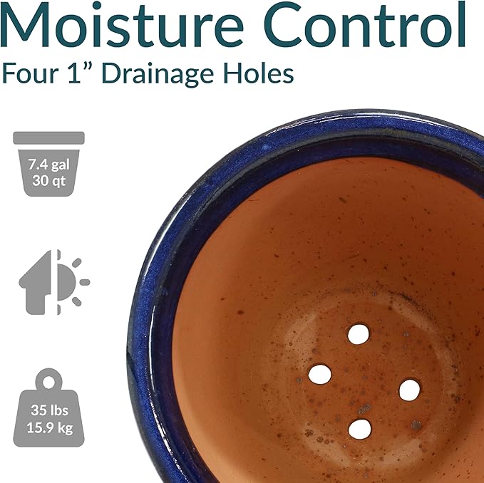 Sunnydaze Large Ceramic Plant Pot - Round Outdoor Glazed Ceramic Planter Pot with Drainage - Studio - Imperial Blue - 18.5"