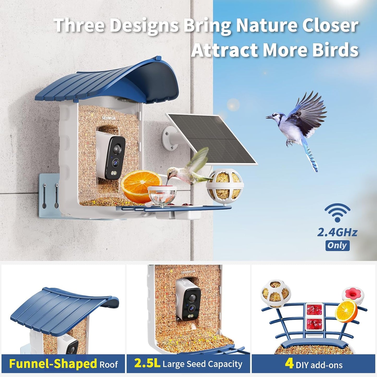 SEHMUA Bird Feeder with Camera, Solar Powered, AI Identify 10,000+ Species, Smart Bird Feeder with Live View, Ideal Present, 2.4GHz WiFi, Blue