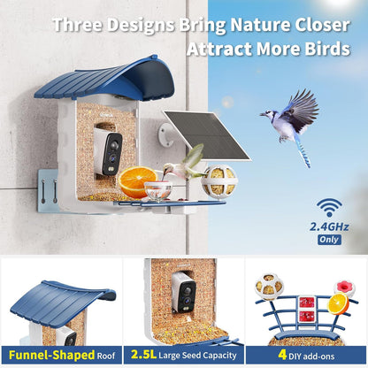 SEHMUA Bird Feeder with Camera, Solar Powered, AI Identify 10,000+ Species, Smart Bird Feeder with Live View, Ideal Present, 2.4GHz WiFi, Blue