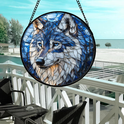Stained Glass Window Hanging - Funny Wolf Suncatcher Ready to Hang Window Doors Home Decoration and Christmas, Mother's Day Birthday Gifts for Women, Men, and Mom 14.9x14.9 in