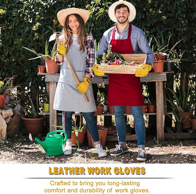 LOCCEF 2 Pairs Leather Work Gloves for Men and Women,Cowhide Leather Gloves Utility Working Gloves