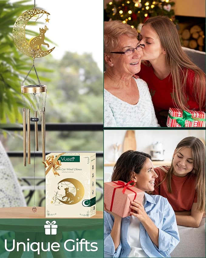 Solar Garden Outdoor Decor, Moon Cat Hanging Wind Chimes, Housewarming Ornament for Patio, Lawn, Yard, Pathway - Unique Gift Ideas for Gardening Mom Grandma Women