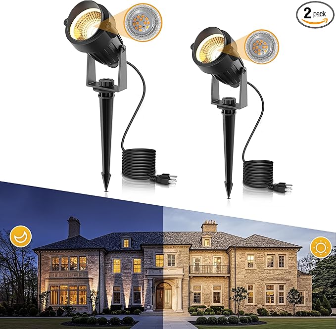 LOHAS 10W Dusk to Dawn Outdoor Lighting, Auto On/Off 3000K Landscape Spot Lights Outdoor, IP66 Waterproof Spot Lights for Yard, Garden, House, Pathway, Plant, UL Listed (2 Pack)