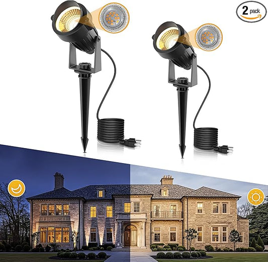 LOHAS 10W Dusk to Dawn Outdoor Lighting, Auto On/Off 3000K Landscape Spot Lights Outdoor, IP66 Waterproof Spot Lights for Yard, Garden, House, Pathway, Plant, UL Listed (2 Pack)