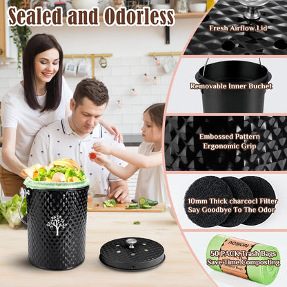 AOSION Countertop Compost Bin Kitchen，Odorless Indoor Compost Bin with Lid and Compost Bags,Compost Bucket Composter Container for Food Waste,Black