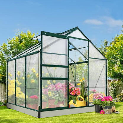 EAGLE PEAK 6x6x7 Outdoor Walk-in Hobby Greenhouse with Adjustable Roof Vent, Rain Gutter, Base and Anchor, Polycarbonate Aluminum Green House for Backyard Garden, Dark Green