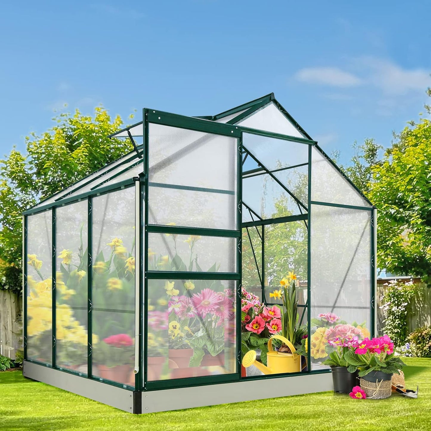 EAGLE PEAK 6x6x7 Outdoor Walk-in Hobby Greenhouse with Adjustable Roof Vent and Rain Gutter, Base and Anchor, Polycarbonate Aluminum Green House for Backyard Garden, Dark Green