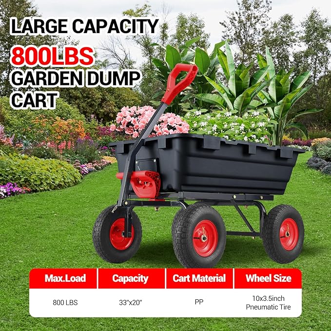 Generic Heavy Duty Garden Dump Cart, 800 Lbs Capacity Poly Utility Cart with 10in Pneumatic Tires & Rotating Handle for Yard, Garden, Lawn