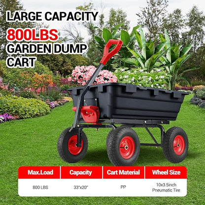 Generic Heavy Duty Garden Dump Cart, 800 Lbs Capacity Poly Utility Cart with 10in Pneumatic Tires & Rotating Handle for Yard, Garden, Lawn
