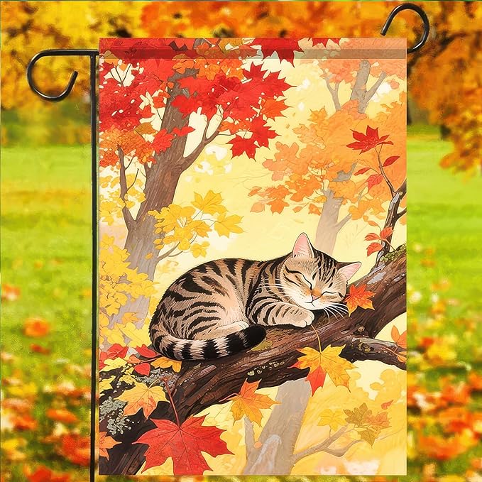 Thanksgiving Fall Garden Flag 12x18 Inch Welcome Tabby Cat Flag Double Sided Outdoor Autumn Yard Banner Sleeping Kitty and Colorful Leaves for Porch Lawn Patio Seasonal Decor