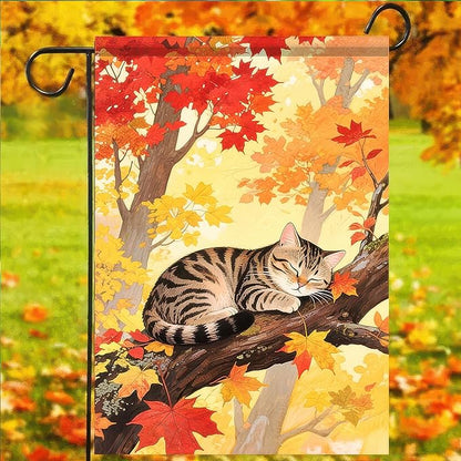 Thanksgiving Fall Garden Flag 12x18 Inch Welcome Tabby Cat Flag Double Sided Outdoor Autumn Yard Banner Sleeping Kitty and Colorful Leaves for Porch Lawn Patio Seasonal Decor
