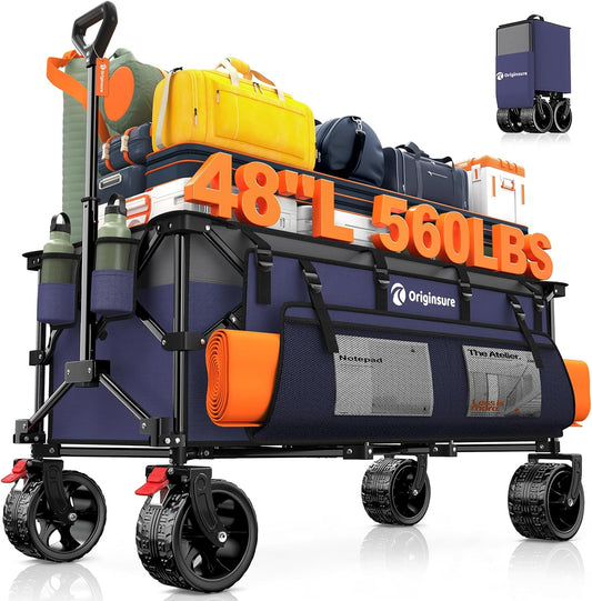 48" L Collapsible Wagon Cart Foldable, 560lbs Weight Capacity 300L Heavy Duty Folding Beach Wagons with Big All-Terrain Wheels, Utility Carts for Groceries, Shopping, Camping, Sports - Grey&Purple