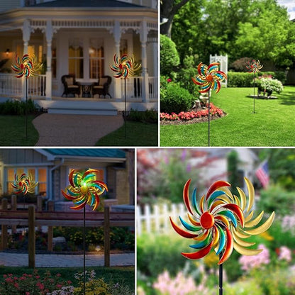 360° Wind Spinners Outdoor with Solar Lights Colored Leaves Garden Decor Yard Lawn Art Decor for Patio Kinetic Windmills Unique Gifts for Friends and Family 60.63'' H x 13.38'' Dia