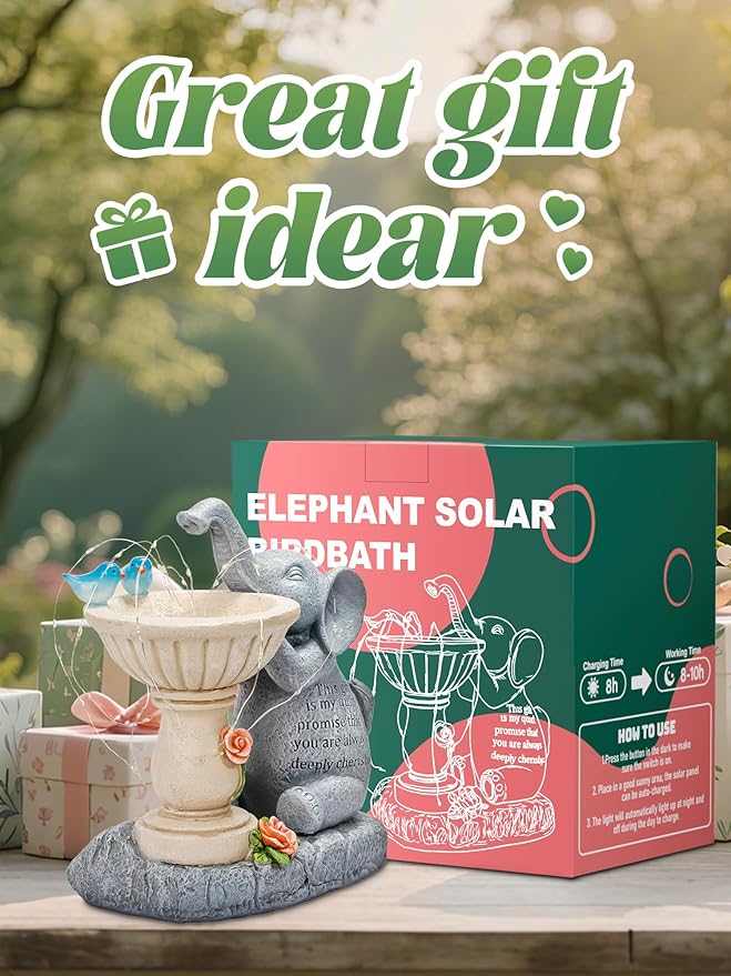 Solar Garden Outdoor Statues Decor, Elephant with Birdbath Garden Decor for Home House, Yard Art Lawn, Ornaments, Porch Patio, Balcony - Birthday Gifts for Grandma Mom Women