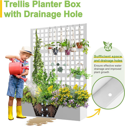 FENCY Metal Raised Garden Bed with Trellis, Metal Planter Box with Trellis, Garden Box for Climbing Plants Vegetable, 47''Lx16''Wx71''H Garden Bed with Drainage Holes(White)