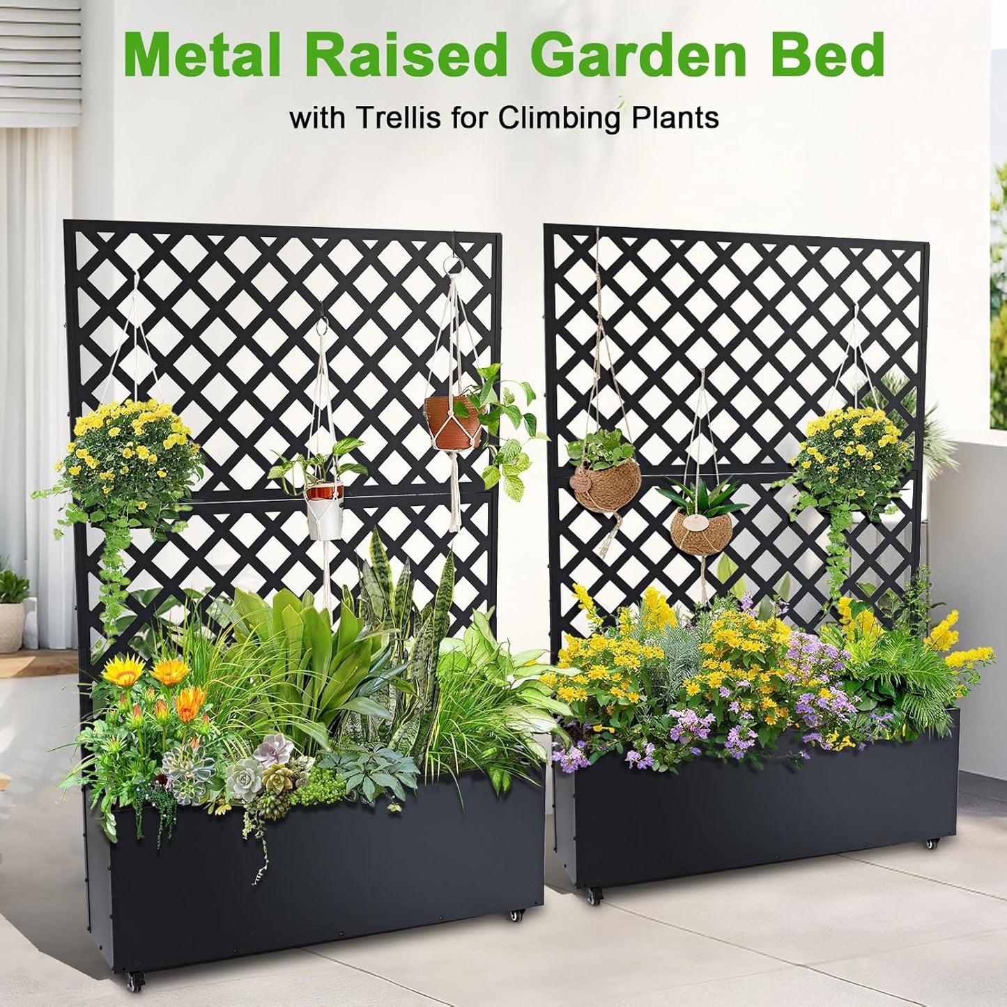 GarveeLife Metal Planter Box with Trellis, 73"x47"x12" Raised Garden Bed with Trellis & Wheels, Outdoor Garden Box with Privacy Screen & Drainage Holes for Climbing Plants Flower Vegetable, Black