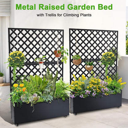 GarveeLife Metal Planter Box with Trellis, 73"x47"x12" Raised Garden Bed with Trellis & Wheels, Outdoor Garden Box with Privacy Screen & Drainage Holes for Climbing Plants Flower Vegetable, Black