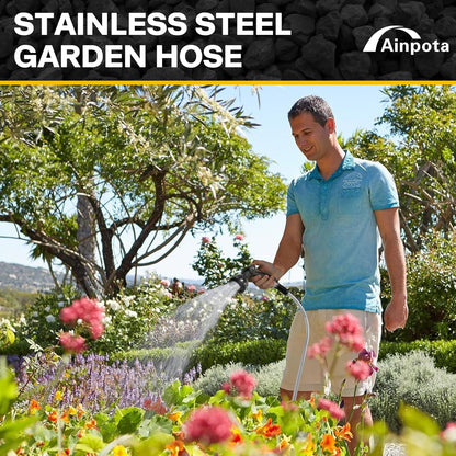 Metal Garden Hose 50ft Heavy Duty Stainless Steel Water Hose with Sprayer & Metal Fittings Flexible Lightweight Hose Puncture Proof Hose for Yard, Outdoors, Rv