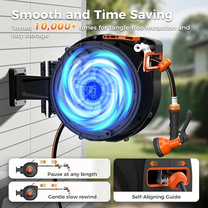 Retractable Garden Hose Reel 1/2 in x 65 ft, Auto-Rewind & Any Length Lock, 180° Swivel Heavy Duty Hose Reel Wall Mount for Outside, 10 Spray Patterns, UV-Resistant