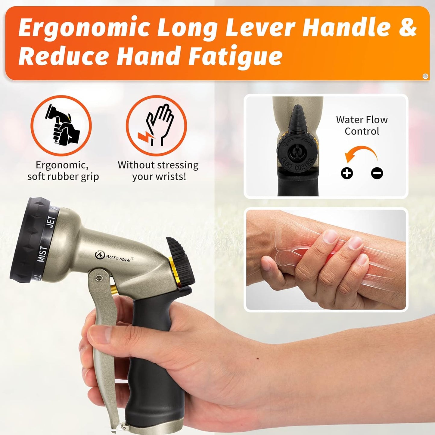 AUTOMAN Garden Hose Nozzle - 7 Patterns Sprayer, 100% Metal High Pressure Spray Nozzle, Labor-Saving Design, Heavy Duty Water Hose Nozzle for Garden Watering, Car Washing, Window Cleaning,Pets Bathing