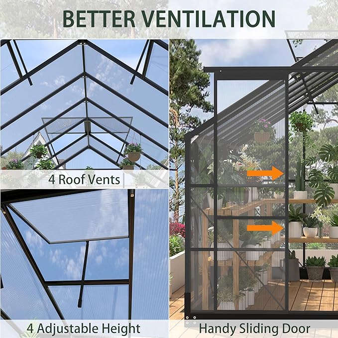 Greenhouses for Outdoors, 8x14.2 FT Polycarbonate Greenhouses with Adjustable Roof Vent, Windproof, Walk-in Aluminum Frame Green Houses for Outside with Sliding Doors, Garden(8x14.2FT)