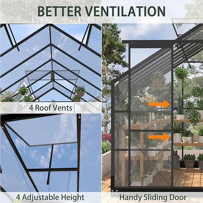 Greenhouses for Outdoors, 8x14.2 FT Polycarbonate Greenhouses with Adjustable Roof Vent, Windproof, Walk-in Aluminum Frame Green Houses for Outside with Sliding Doors, Garden(8x14.2FT)