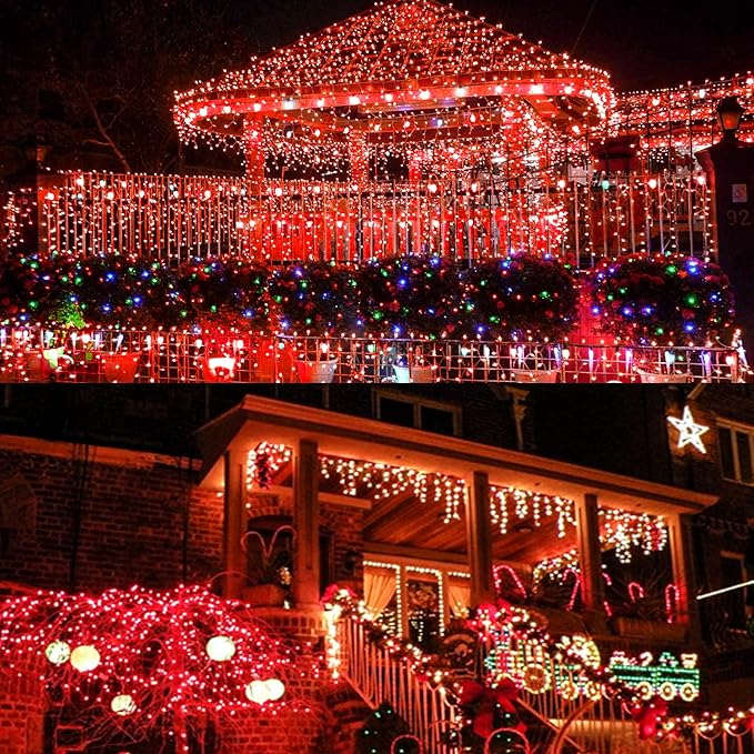 Upgraded 75.8 FT 200 LED Red Christmas Lights Outdoor Indoor, Memory Function & Timer & 8 Modes, Extendable Green Wire Waterproof String Light for Christmas Tree Party Wedding Home Garden Decorations