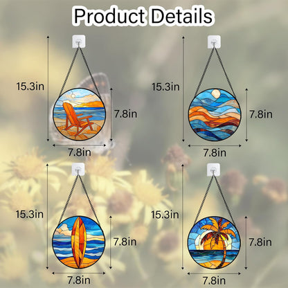 Stained Glass Window Hanging 4 Pcs Set Blue Orange Ocean Beach Theme 7.8" - Suncatcher Door Garden Sun Catcher Decor Birthday Christmas for Mom Woman Nana Men Wife