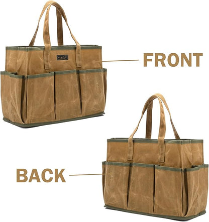 16OZ Waxed Canvas Tool Tote Bag | Large-Capacity Tool Storage Tote with 10 External Pockets | Multi-Purpose Garden Tool Carrier for Gardening, Wrench, and Carpentry Tools – Khaki