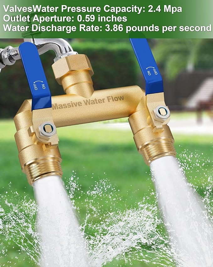 Hose Splitter 2 Way Heavy Duty, Full Flow Garden Hose Splitter with 2 Long Metal Handles, Brass Rust and Freeze Resistant Water Hose Bib Splitter, T Adapter Connector with 3/4 - Inch GHT Thread（Blue）