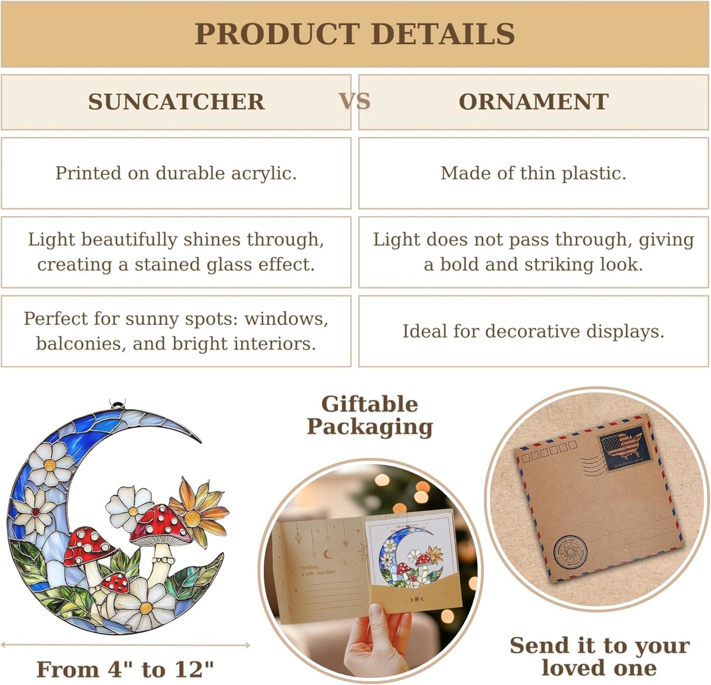 Mushroom Crescent Moon Boho Acrylic Suncatcher Stained Glass Effect Window Car Hanging Christmas Ornament Indoor Outdoor Decor Garden Sun Catcher Gifts for Bohemian Lover Gift for Women Mom Grandma