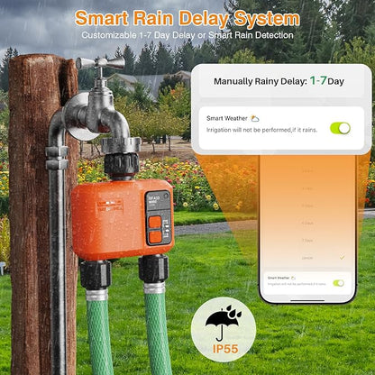 WiFi Water Timer for Garden Hose with 984 ft Range,Smart 2- Zone Sprinkler Timer, APP & Remote Control, Voice Control,Rain Delay, Manual Mode Sprinkler System, Lawn Sprinklers for Yard Large Area