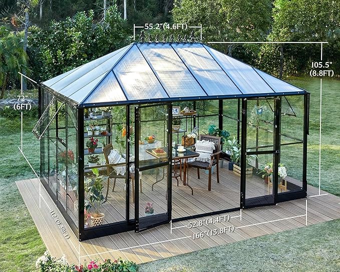 Jocisland 14x9.5x9 FT Outdoor Aluminum Greenhouse with Quick Connect Fittings, 6 FT Height Double Doors with Hook, Hybrid Polycarbonate Walk-in Greenhouse for Backyard, Black