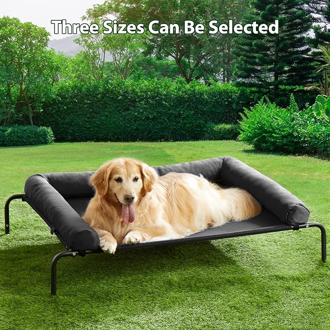 Cooling Elevated Dog Bed for Large Dogs – Waterproof Raised Dog Cot with Slope Headrest, Breathable Teslin Mesh, Durable & Portable Pet Bed for Indoor and Outdoor Use, Black