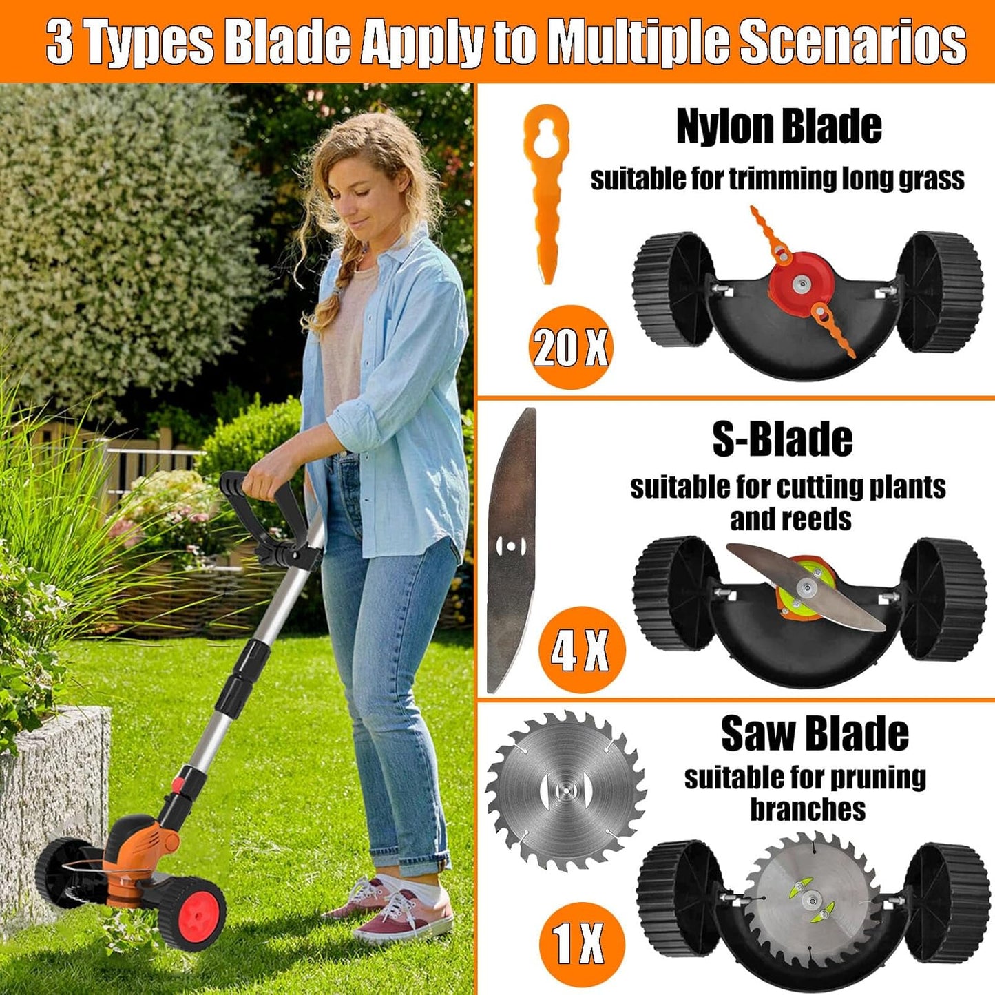 Electric Weed Wacker, Cordless Eater Battery Powered Eater Lightweight Edger Portable Stringless Grass Trimmer/Lawn Mower/Brush Cutter, with 3 Types Blades & Wheels for Yard and Garden