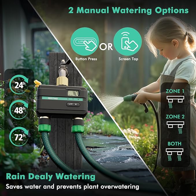 RESTMO Smart Sprinkler Timer with Flow Meter, 2 Zone Water Timer for Garden Hose, Brass Inlet & Outlet, Automatic Lawn & Yard Irrigation Watering System, APP Remote Control (2.4Ghz WiFi Connection)