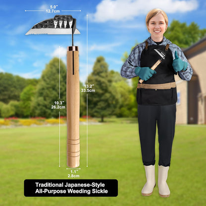 AON All-Purpose Japanese Weeding Sickle & Razor Hand Hoe, Forged Steel Weed Puller Tool with Sharp Edge & 4-Tine for Digging, Weeding, Uprooting in Vegetable Gardening, Backyard or Raised Garden Beds