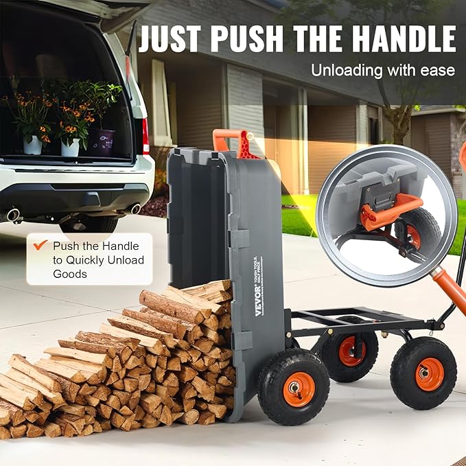 VEVOR 800lbs Poly Dump Garden Cart, Heavy Duty Yard Dump Cart Wagon, 4 Wheel Wheelbarrow with 10in Tires, 180°Rotating Handle, Steel Frame and Quick Release System