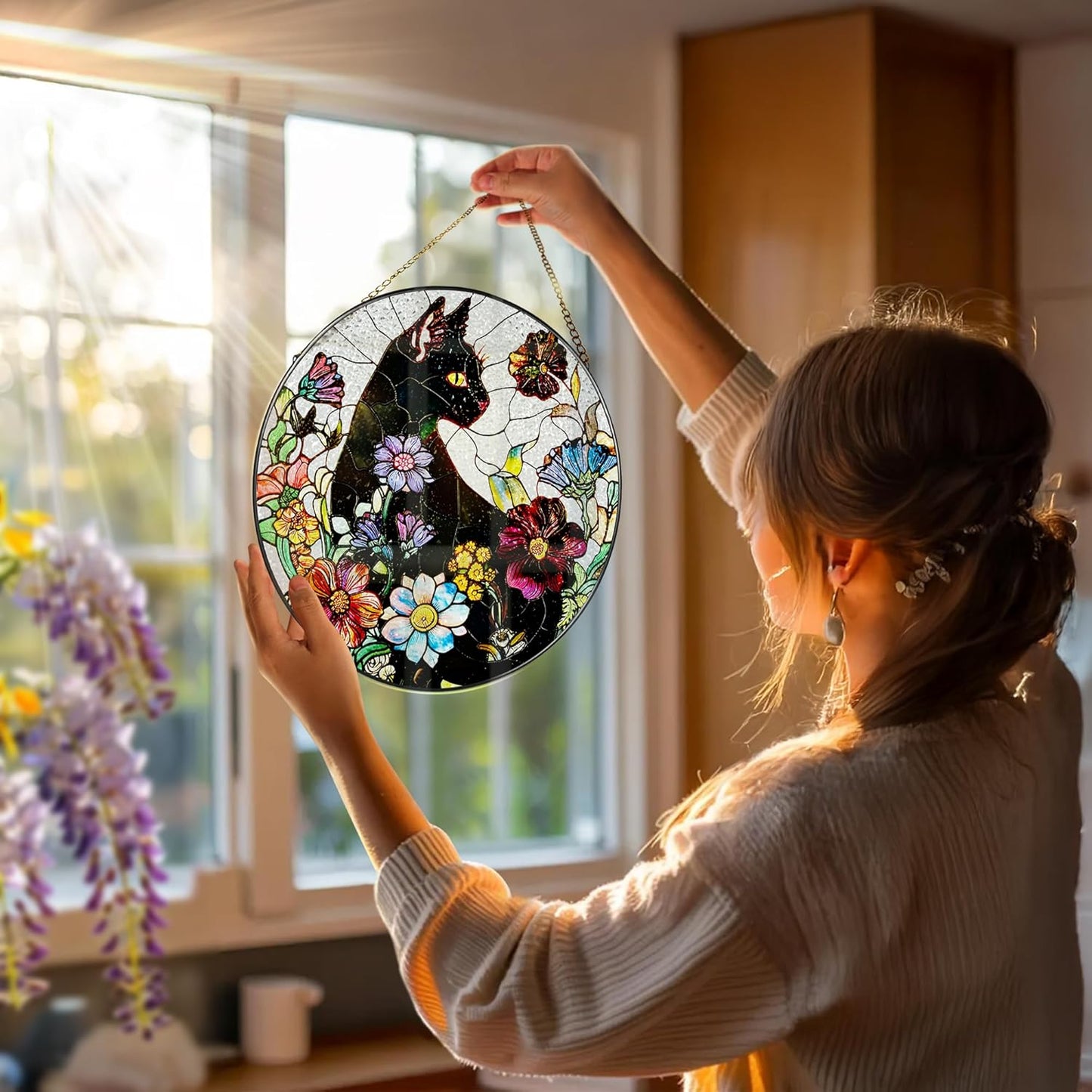 Stained Glass Window Hanging, 8 Inch Black Cat Sun Catcher, Stained Glass Suncatcher, Suncatchers for Windows, Window Decor Hanging, Cats Lover Gifts, Cat Lover Decor, Gifts for Cats Lovers