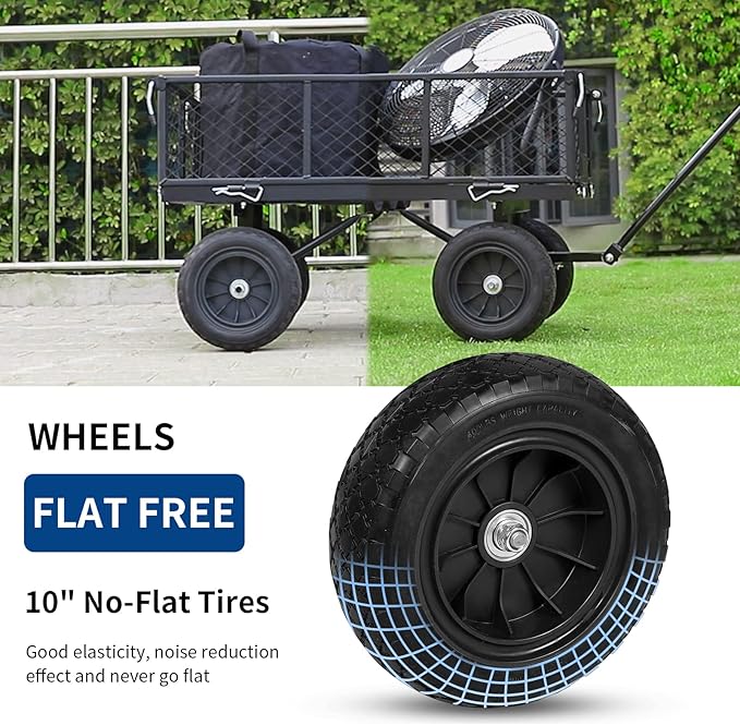 BILT HARD 400 lbs 10" Flat Free Tires Steel Garden Cart with 180° Rotating Handle and Removable Sides, 4 Cu.Ft Capacity Utility Heavy Duty Garden Carts and Wagons