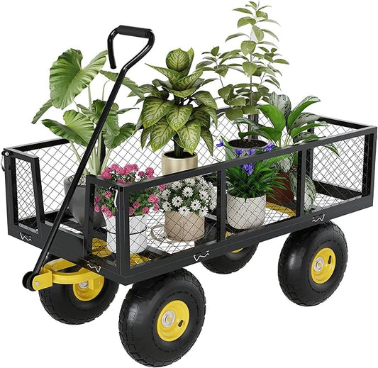 Metal Wagon - 500lbs Garden Cart with 10" Multi-Terrain Tires, 4 Removable Mesh Sides & 180° Swivel Handle, Yard Wagon Cart for Lawn, Yard, Patio Gardening